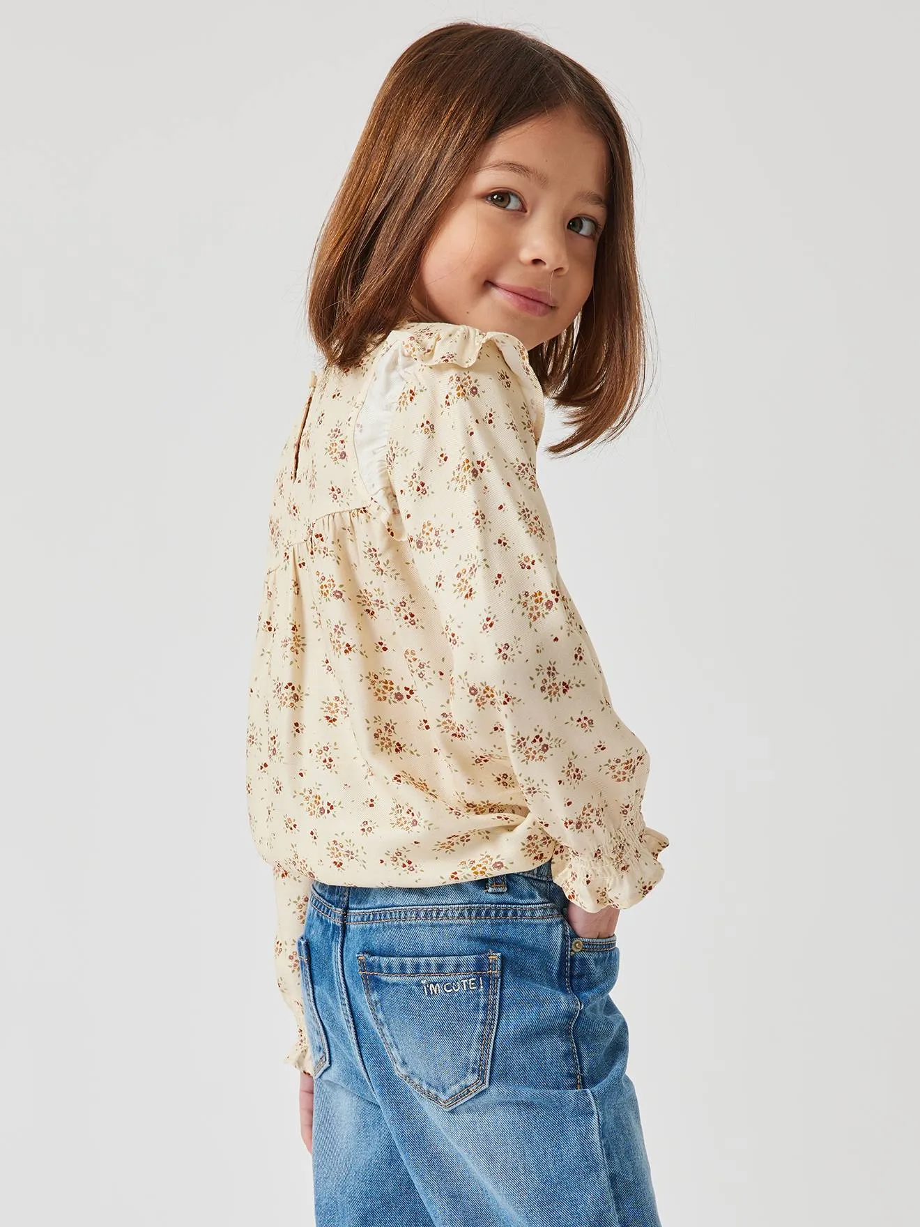 Blouse fleurie fille manches volantées écru - Vertbaudet