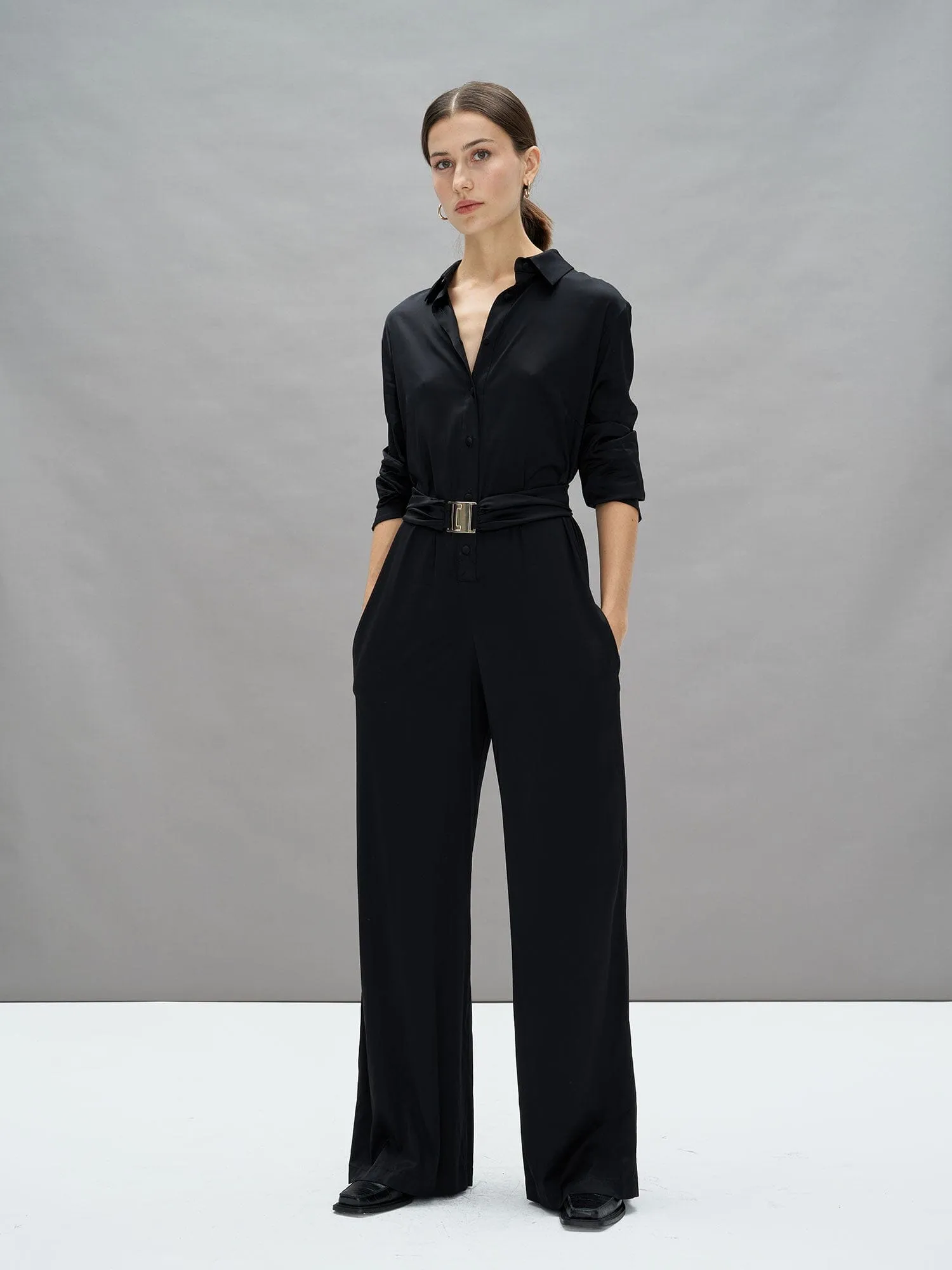CAMUS - Combinaison avec ceinture amovible en satin de viscose Noir