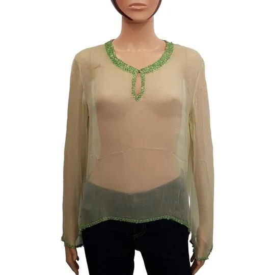 Caroll T 42/44 Top blouse tunique en soie vert anis Broderie perles Esprit bohème chic