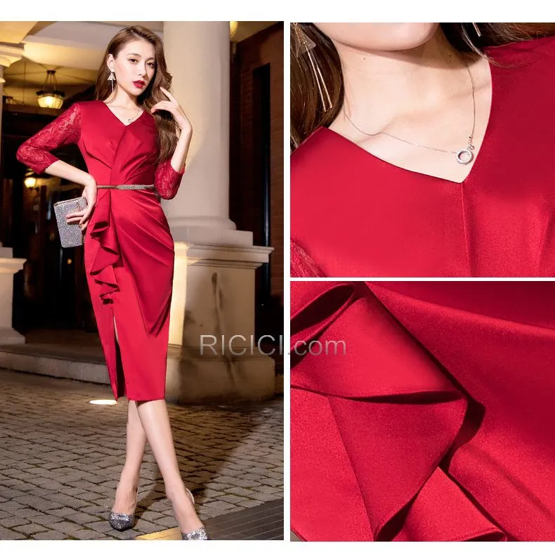 Ceinture Élégant Robe Cocktail Robe Habillée Satin Dentelle Longueur Genou Droite