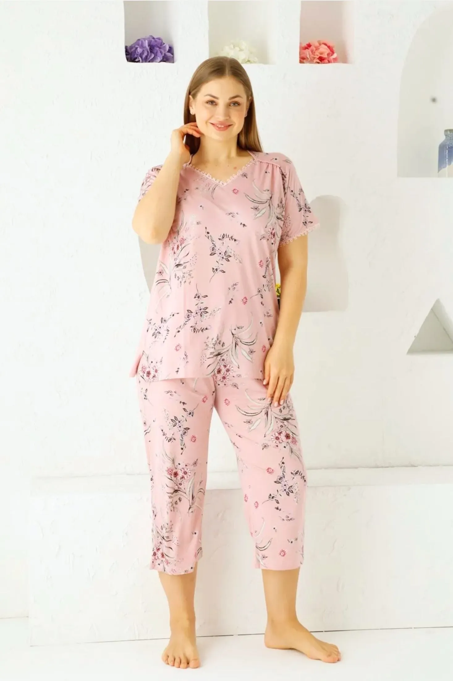 dreamy likrali dantel detayli iek desenli bermuda kapri takim