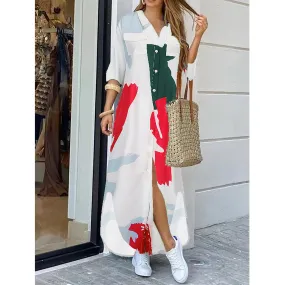 Femmes - Robe Rouge Élégante - Manches Longues avec Col Chemise - Tenu