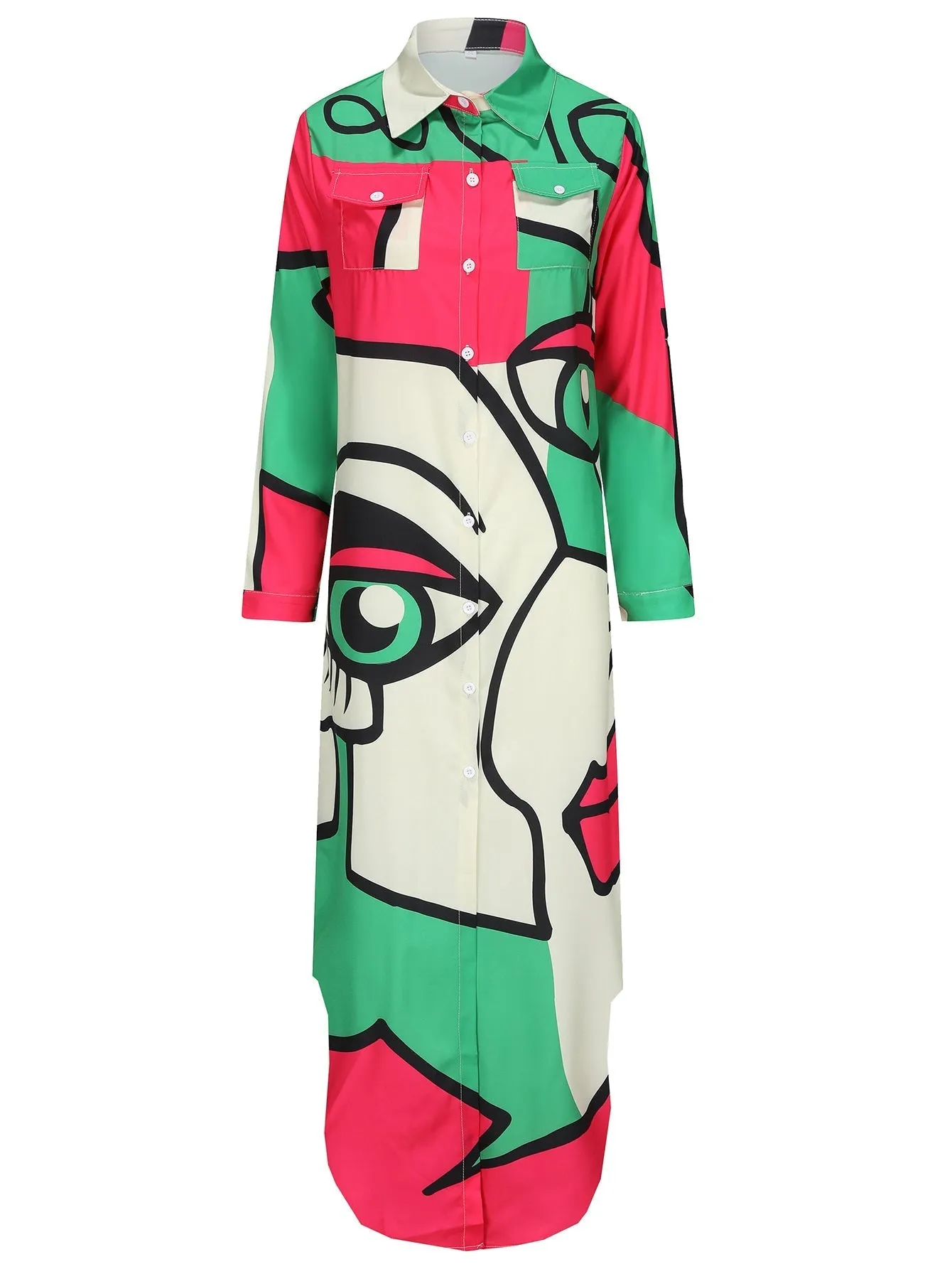 Femmes - Robe à col chemise - Motif vert olive, manches longues - Élég