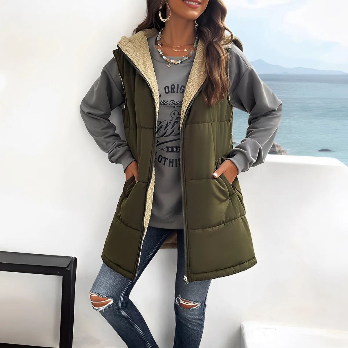 Katalin - gilet d'hiver pour femme à capuche en coton