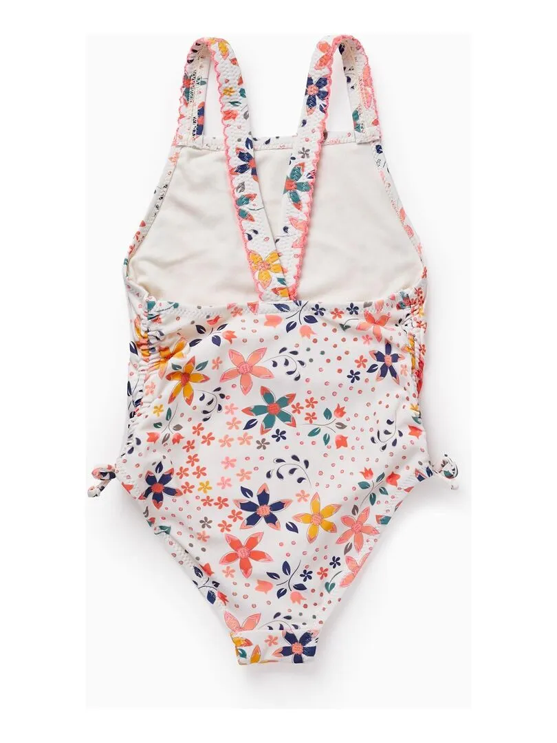 Maillot de Bain UPF80 avec Motif Floral pour Fille - Blanc