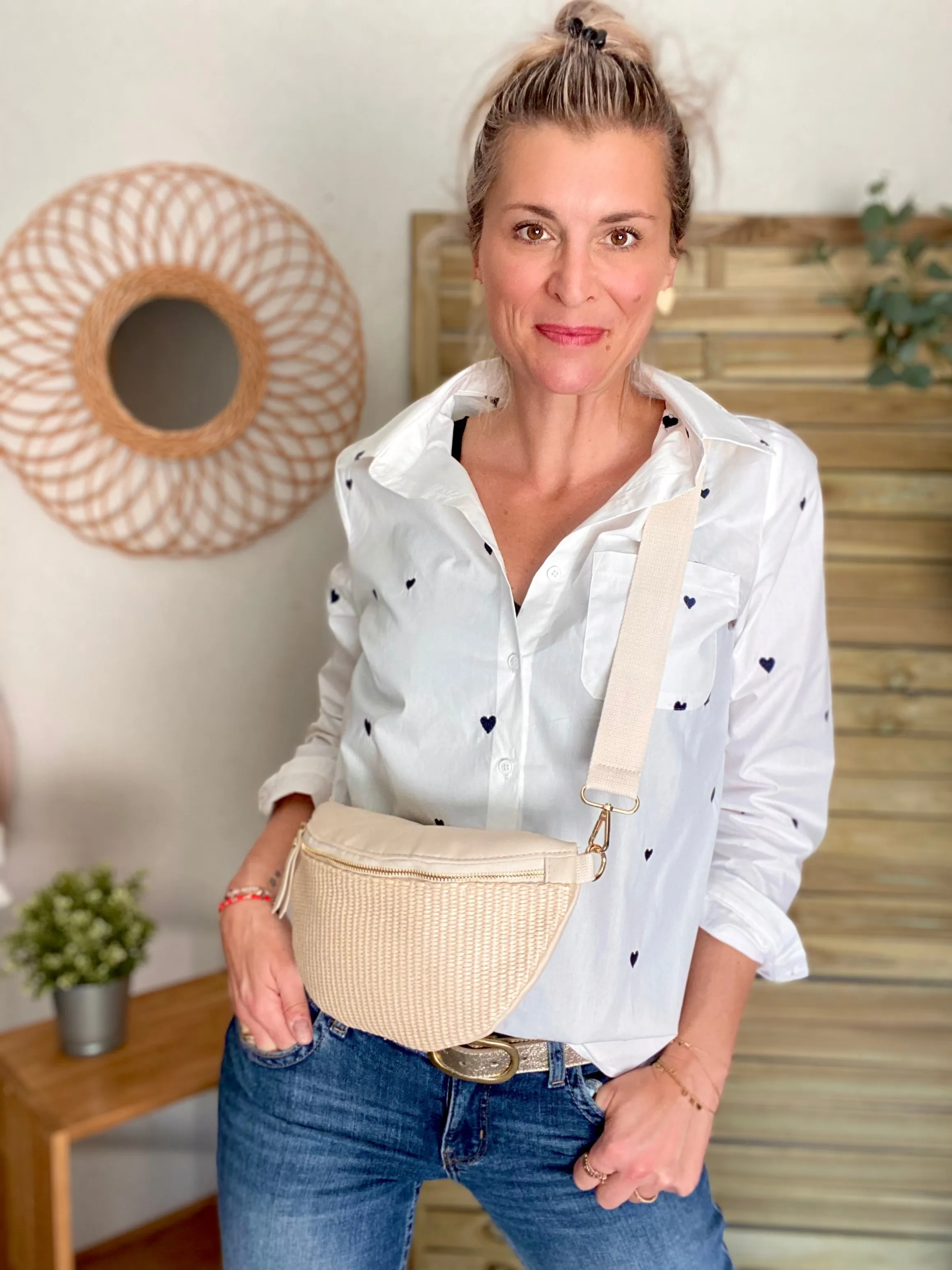 Sac banane bi-matière effet paille - DOLLY Atelier Paname - Beige clair / écru  (format L) - FIN DE SRIE
