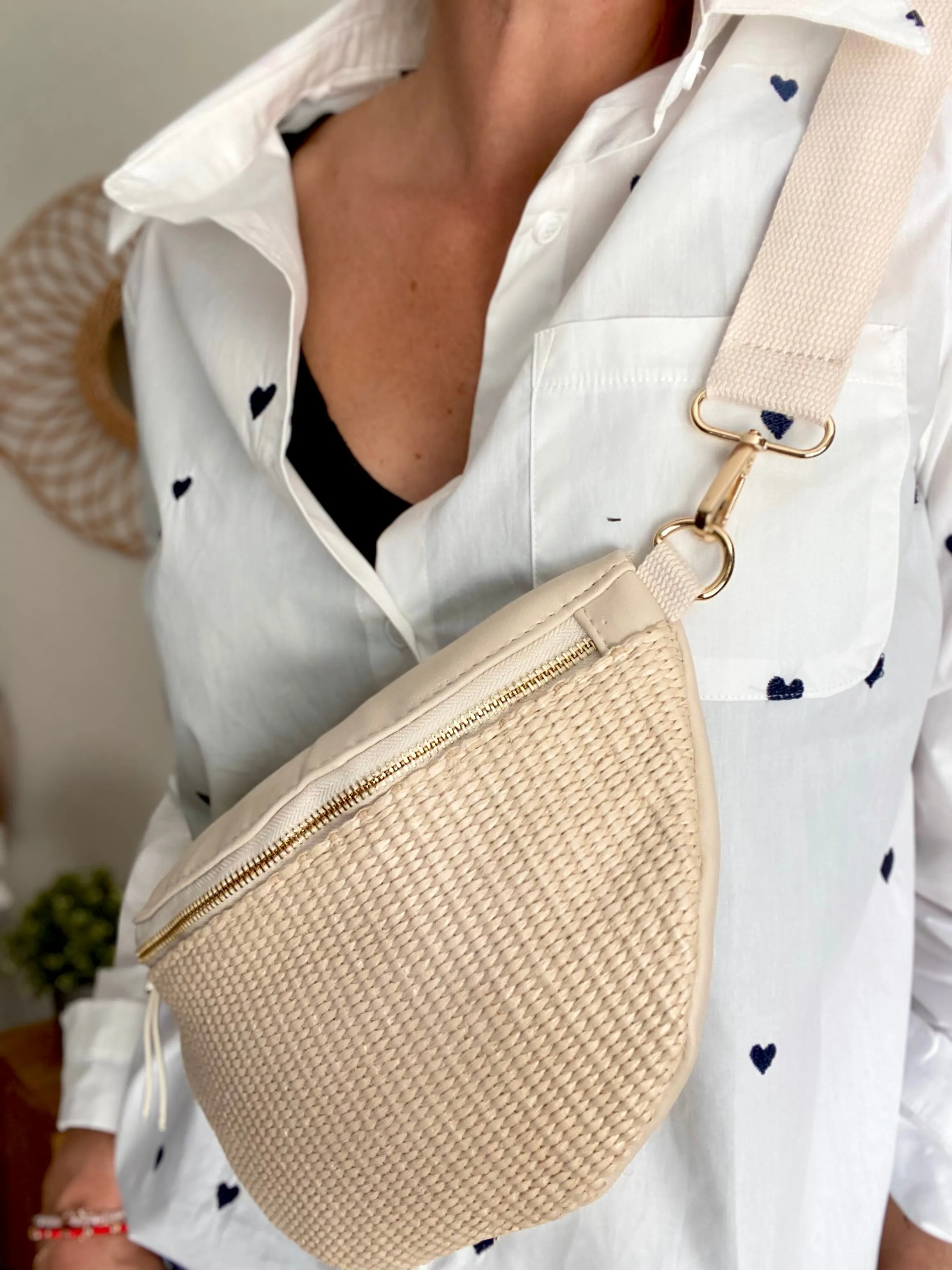 Sac banane bi-matière effet paille - DOLLY Atelier Paname - Beige clair / écru  (format L) - FIN DE SRIE