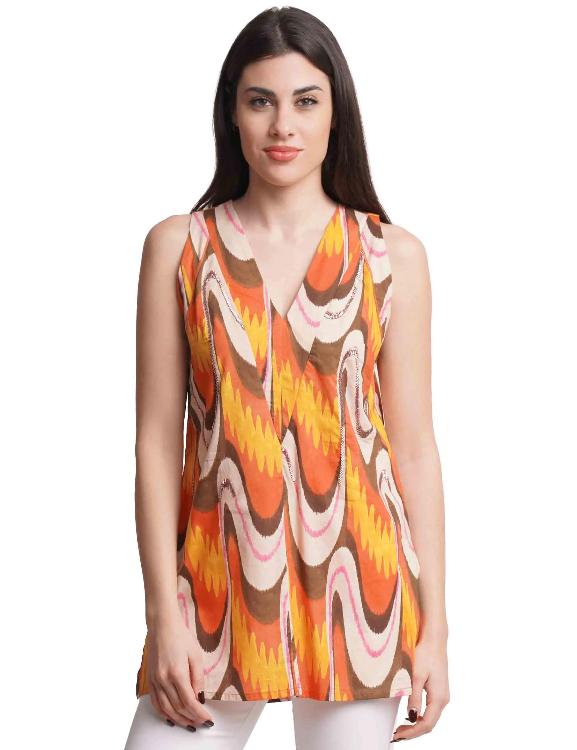 Top donna Ikat Wave Muslin in cotone arancione a fantasia