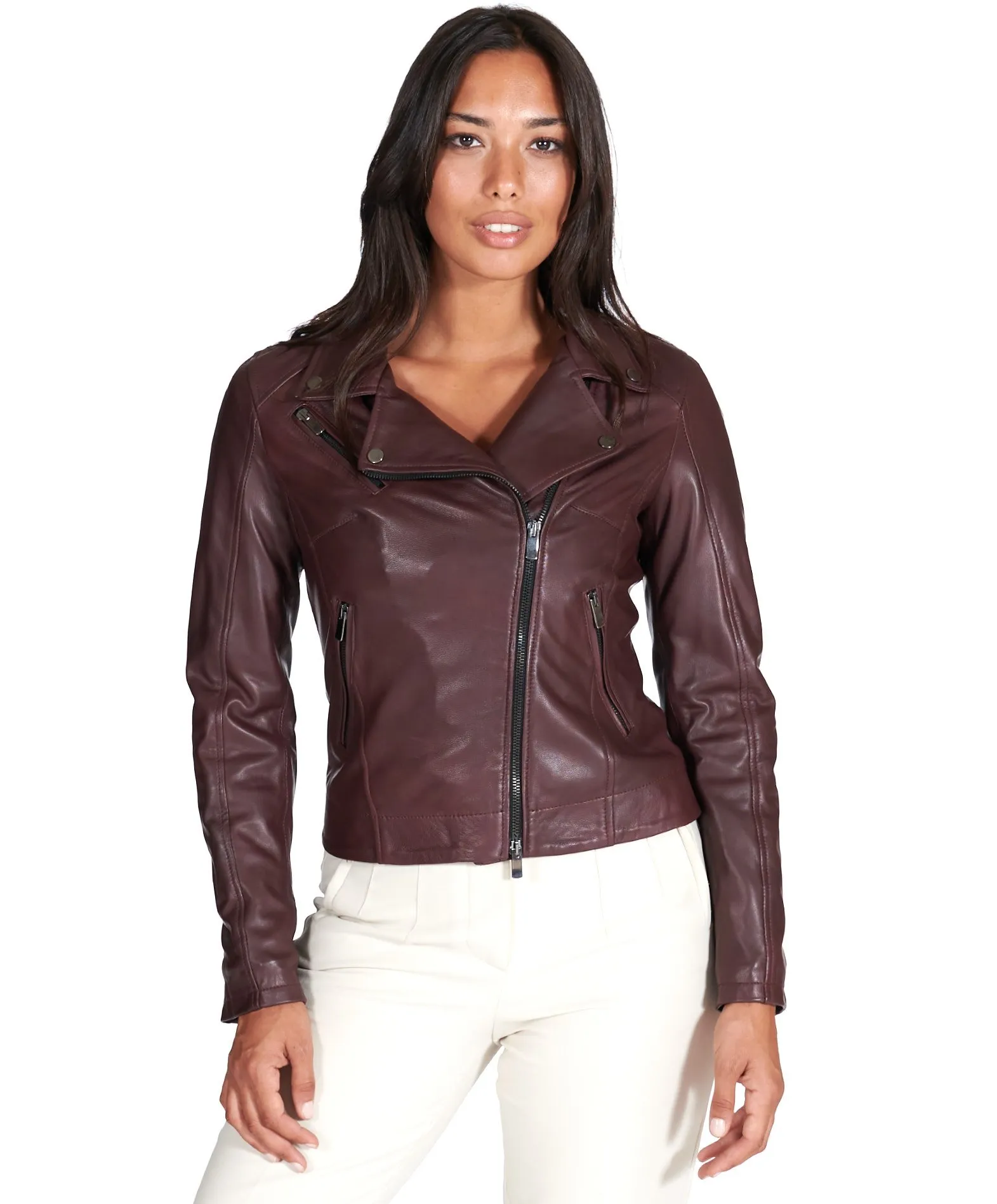 Veste en cuir femme bordeaux motard blouson